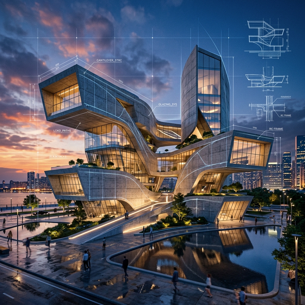 Loyal Projects Associates bold futuristic building conceptual design blueprint overlay